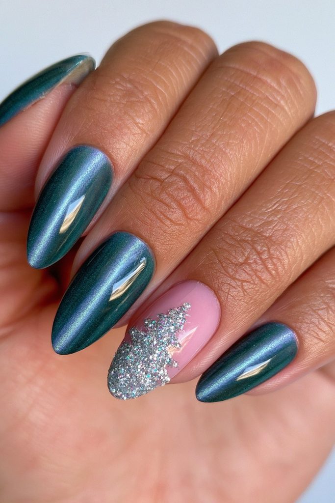 20 Green Glitter Christmas Tree Nails to Try This Season 15 Green velvet silver glitter tree