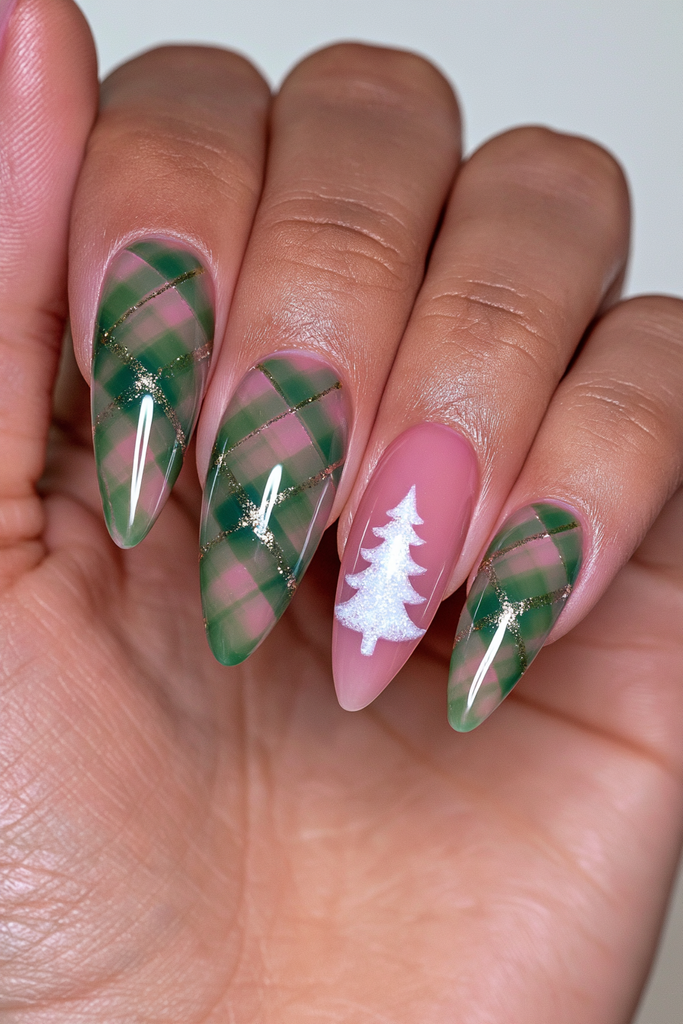 20 Green Glitter Christmas Tree Nails to Try This Season 8 Green gold plaid white tree nails