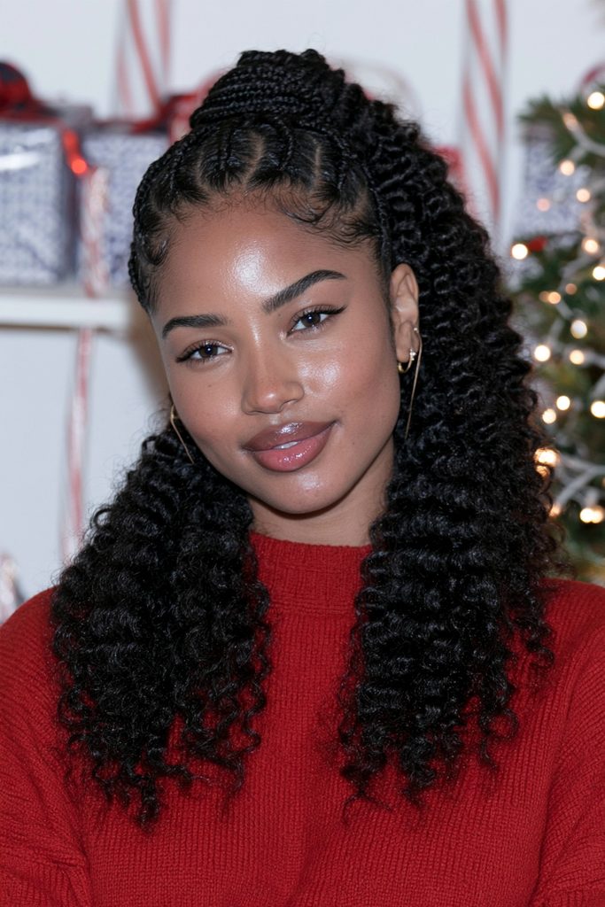 Half-up braids with curly ends