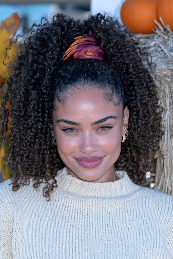 22 Easy Pumpkin Patch Hairstyles That Feel Cozy 10 High curly ponytail silk scarf