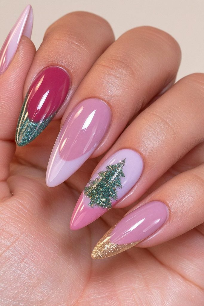 20 Green Glitter Christmas Tree Nails to Try This Season 17 Holiday skittles glitter tree accent