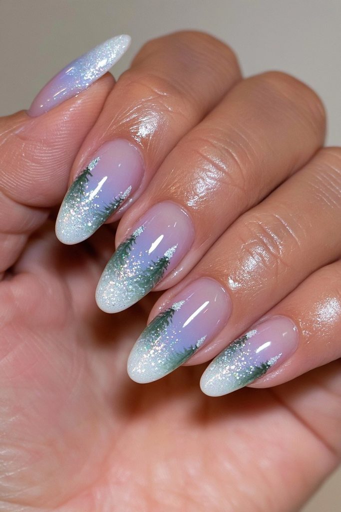 20 Green Glitter Christmas Tree Nails to Try This Season 16 Icy ombré snow capped pines