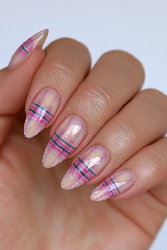 Sheer plaid jelly nail design