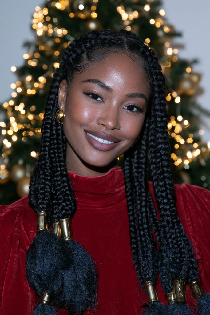 Christmas knotless box braids gold cuffs