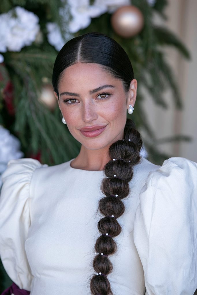 20 Christmas Wedding Hairstyles for Long Hair 17 Long braid with pearl accents