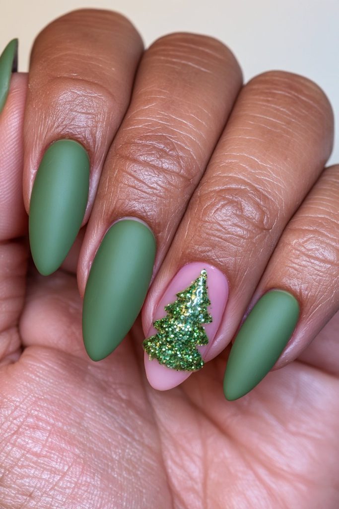 20 Green Glitter Christmas Tree Nails to Try This Season 9 Matte evergreen glitter tree nails