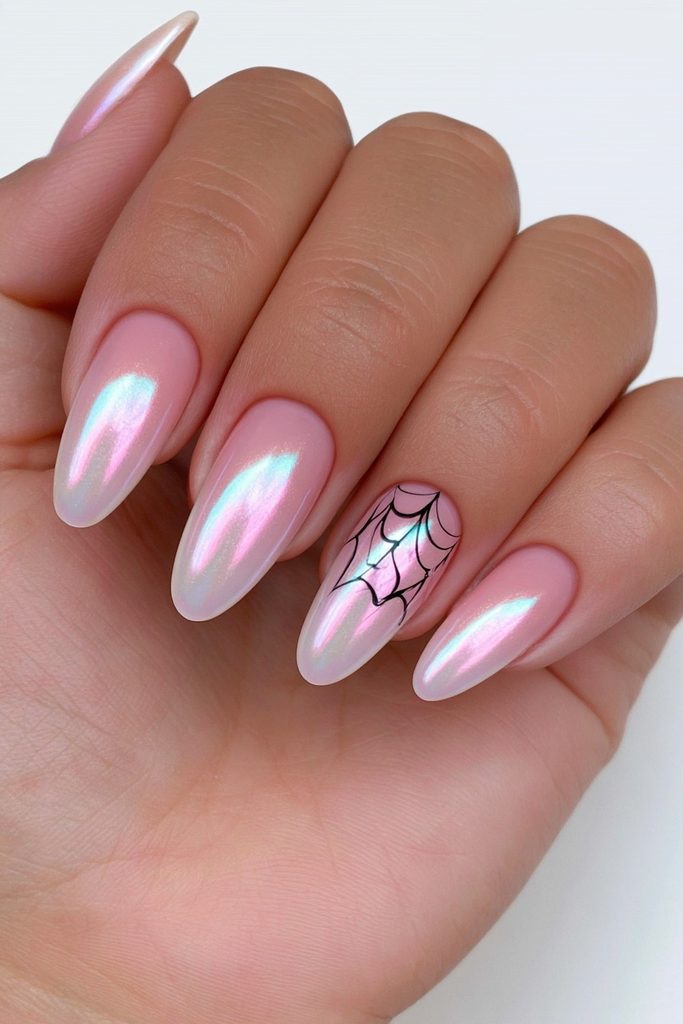 20 Spider Web Nail Ideas for a Spooky-Chic Halloween 10 Milky bubble bath spider web nails