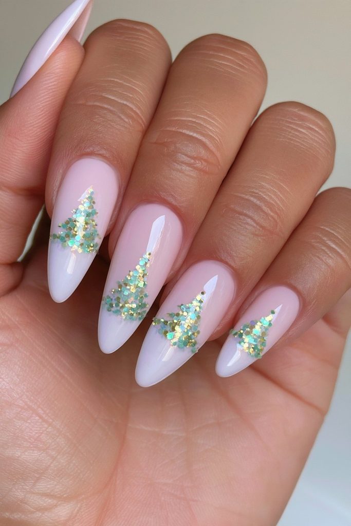 20 Green Glitter Christmas Tree Nails to Try This Season 7 Milky white glitter dotted tree