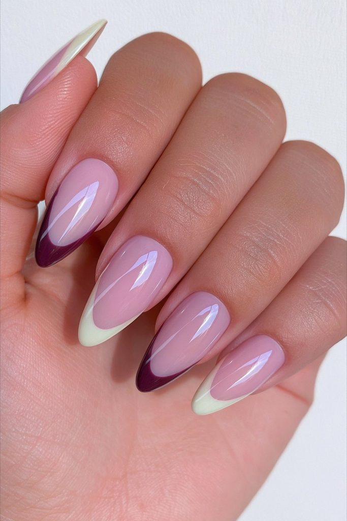 Burgundy butter yellow mismatched nails