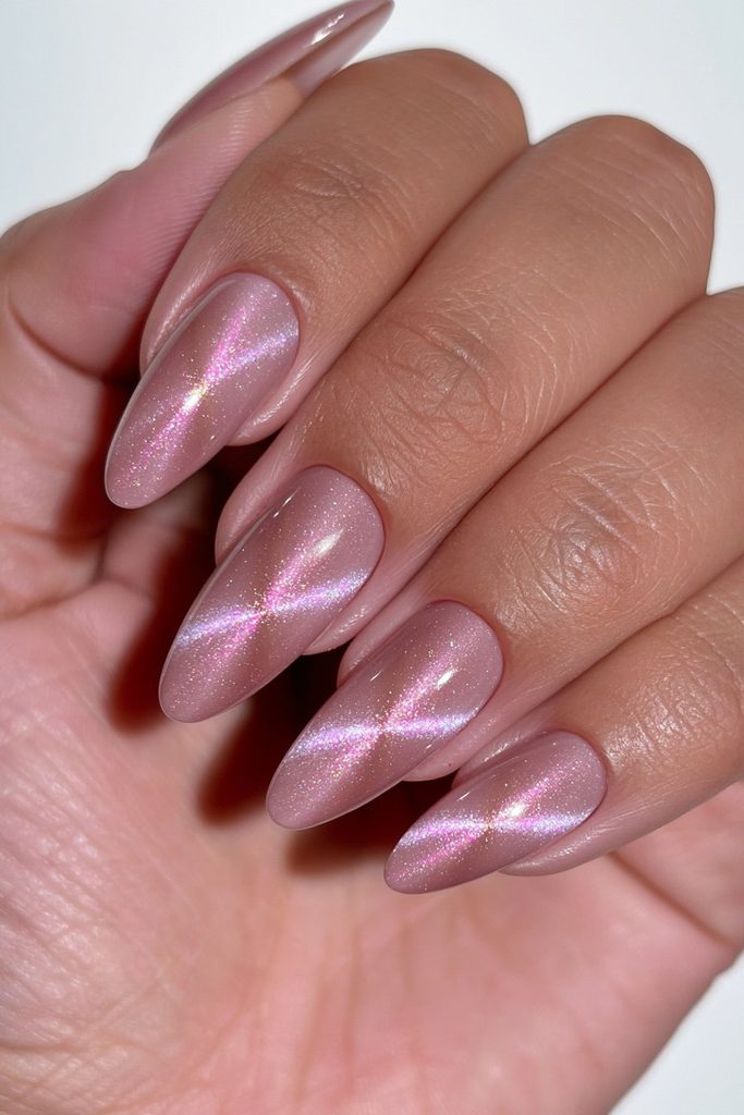 25 Mocha Mousse Nails Ideas for a Cozy, Creamy Manicure 5 Mocha cat-eye shimmer nails