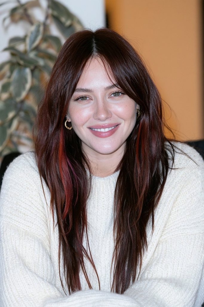 Mulled wine curtain bangs hairstyle