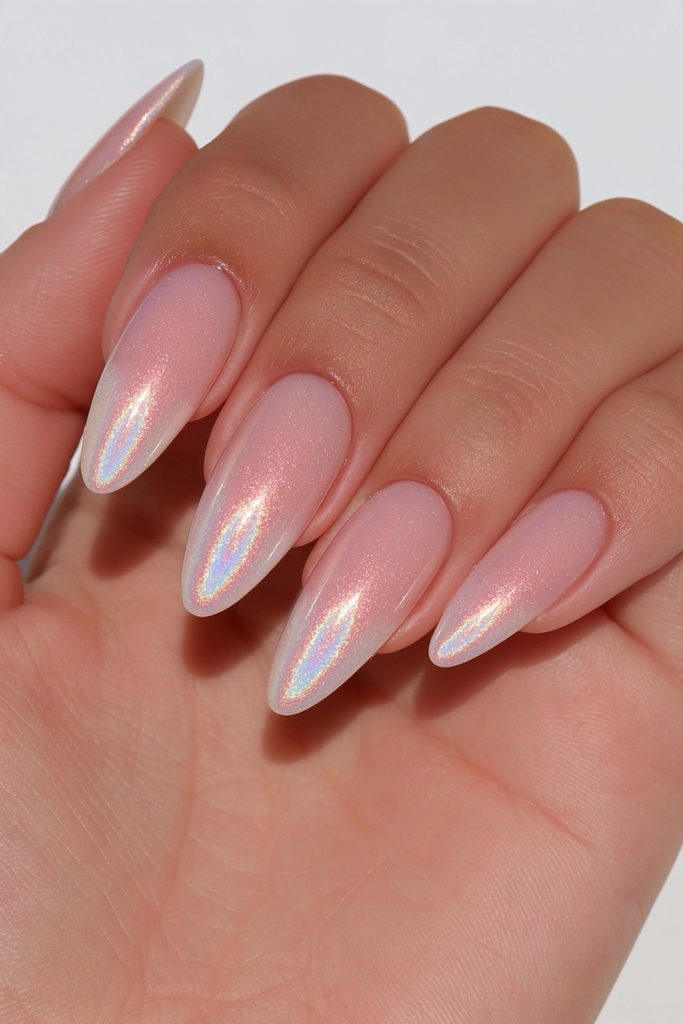 Opalescent pearl chrome milky nails