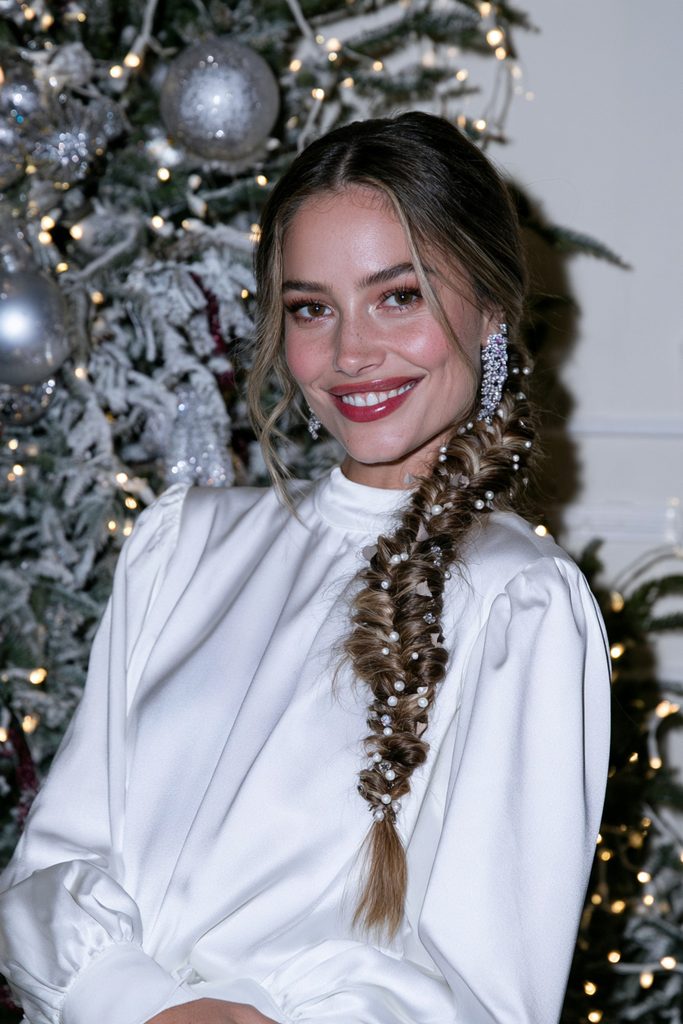 Pearl-accented side braid festive hairstyle