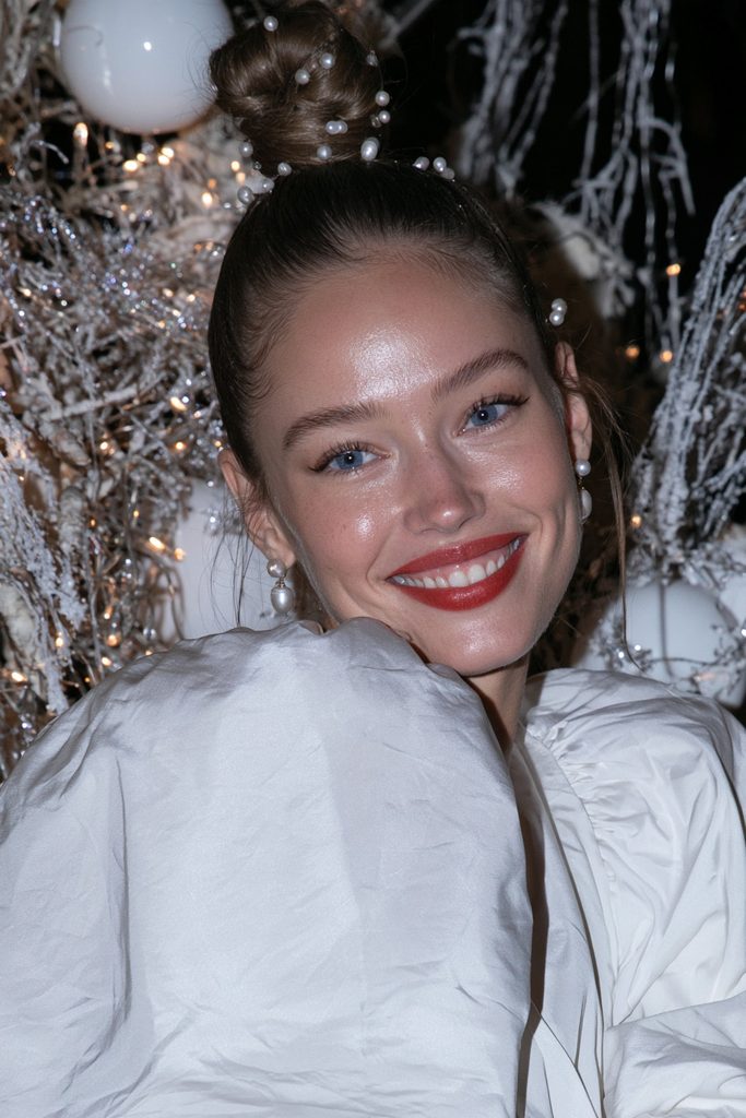 Pearl-pinned top knot Christmas updo