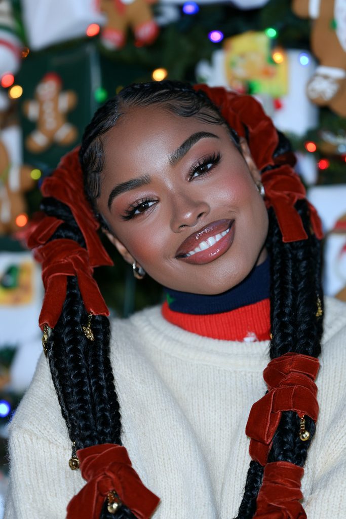 Christmas pigtail braids with ribbons