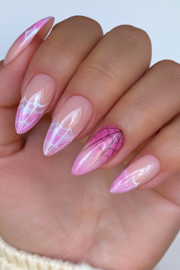 20 Spider Web Nail Ideas for a Spooky-Chic Halloween 11 Pink spider web manicure nails