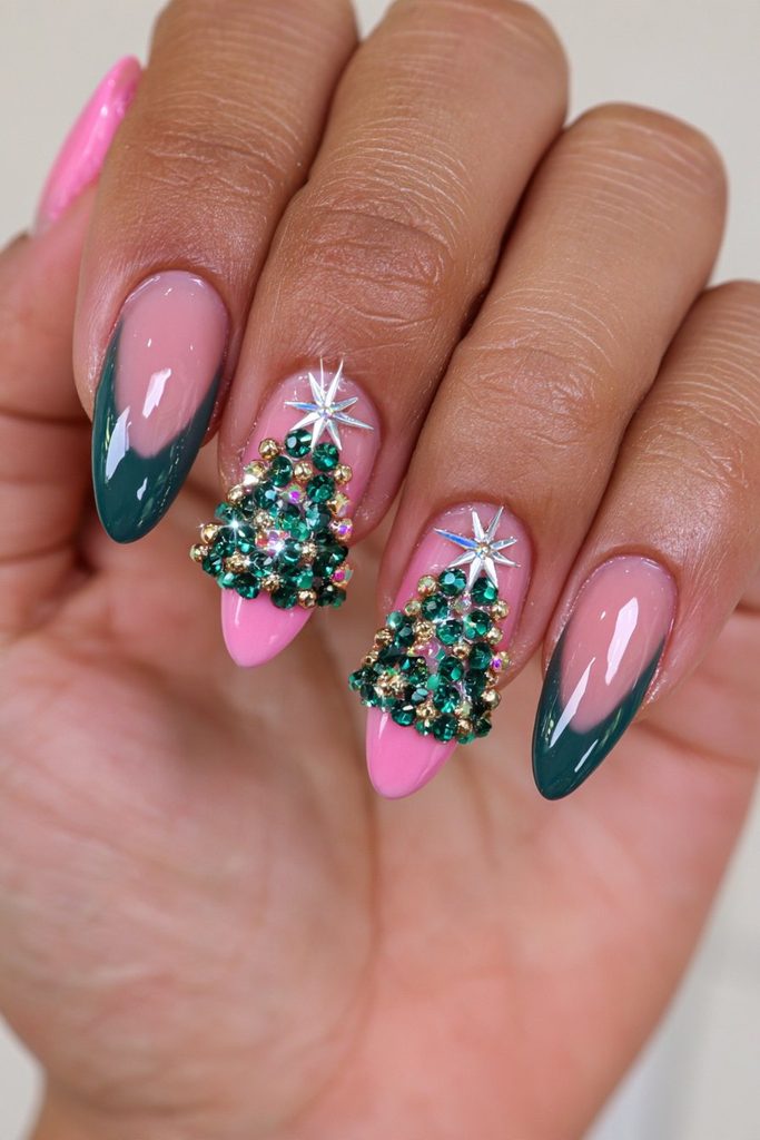 20 Green Glitter Christmas Tree Nails to Try This Season 11 Rhinestone Christmas ornament tree nails