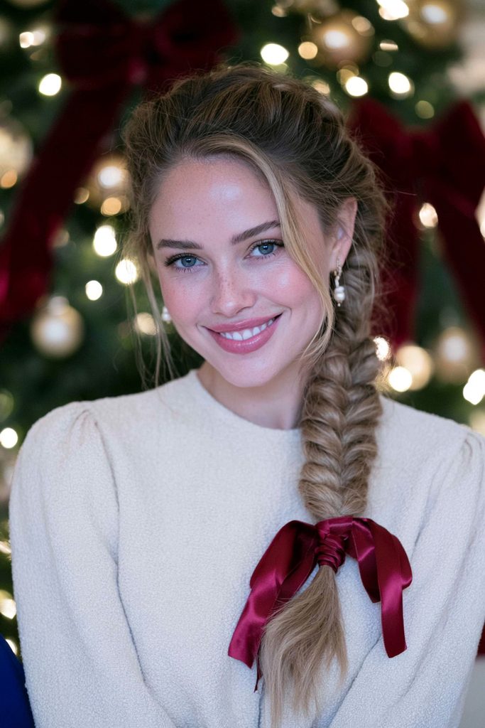 Three-strand braid with festive ribbon