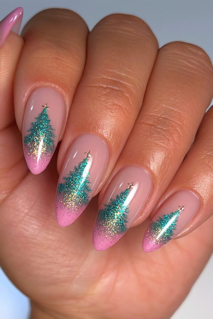 20 Green Glitter Christmas Tree Nails to Try This Season 19 Short almond mini glitter trees