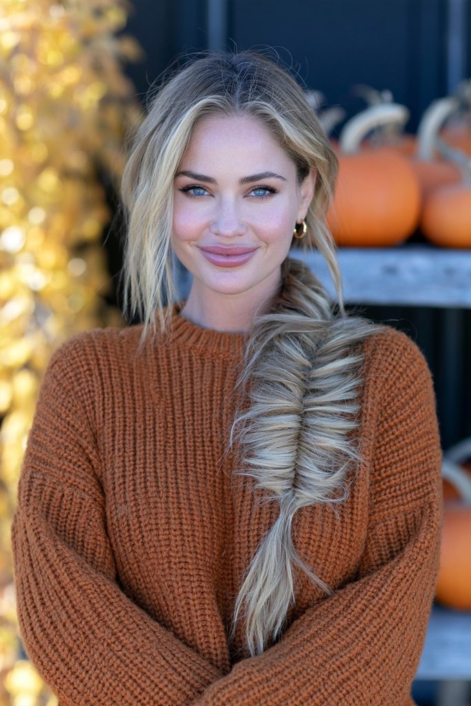 22 Easy Pumpkin Patch Hairstyles That Feel Cozy 13 Side fishtail braid pumpkin patch hairstyle