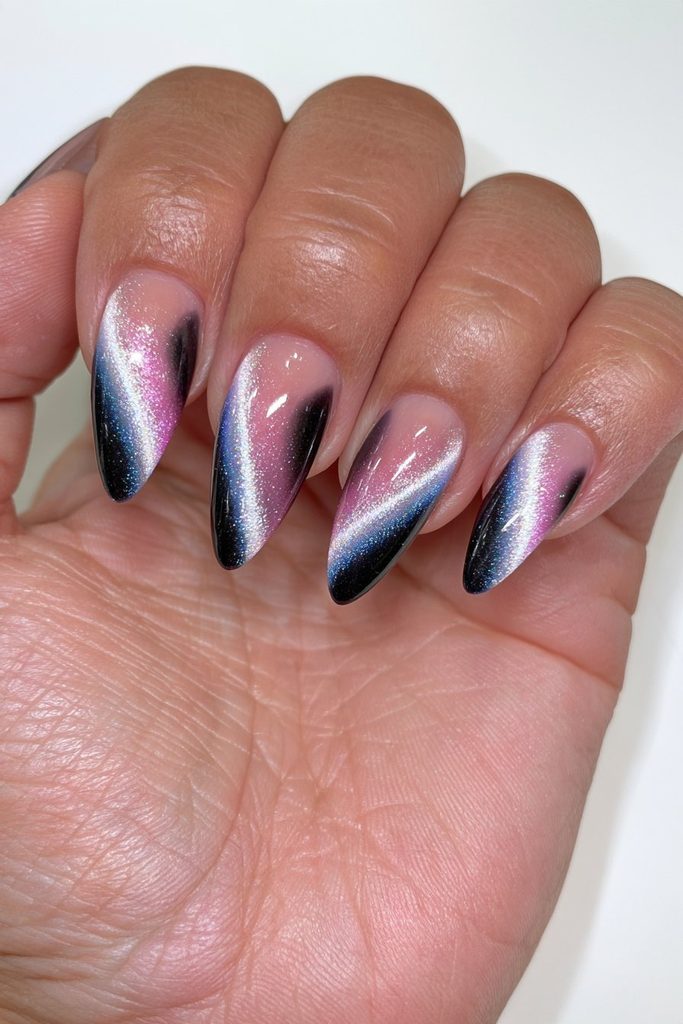 Black side-gradient cat-eye nails