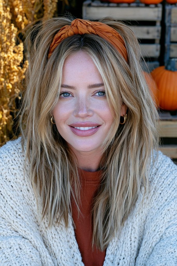 22 Easy Pumpkin Patch Hairstyles That Feel Cozy 20 Silk scarf headband loose waves