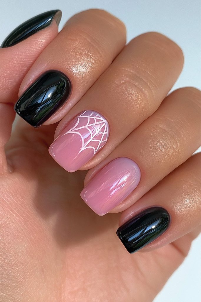 20 Spider Web Nail Ideas for a Spooky-Chic Halloween 3 Single spider web accent nail