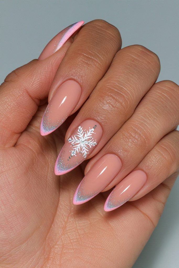 Delicate snowflake nude accent nails