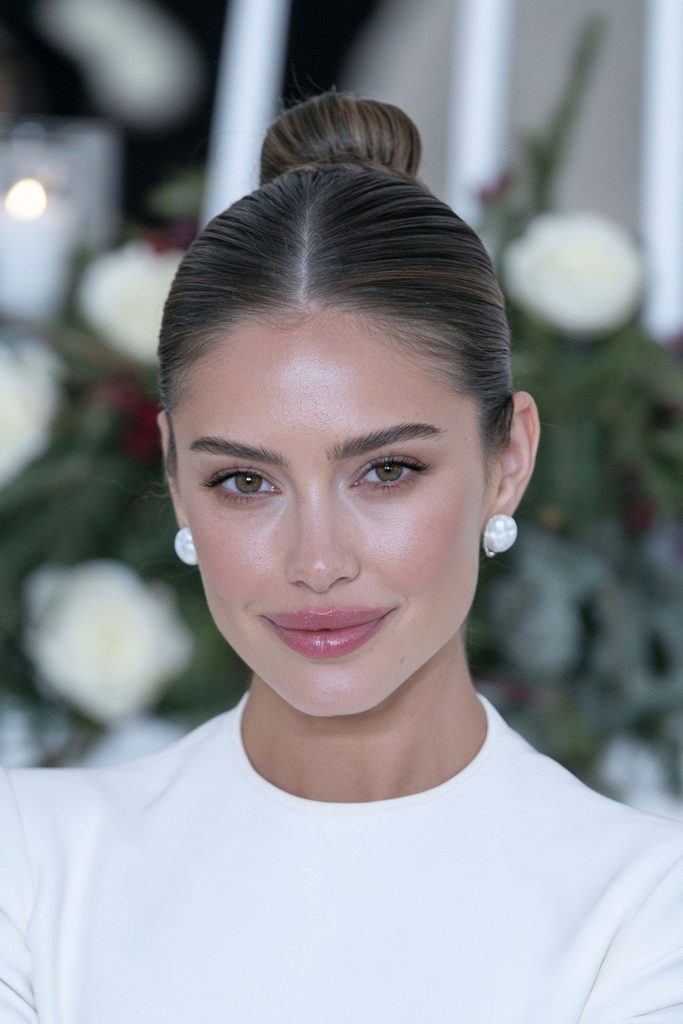 20 Christmas Wedding Hairstyles for Long Hair 2 Sleek low chignon winter wedding updo