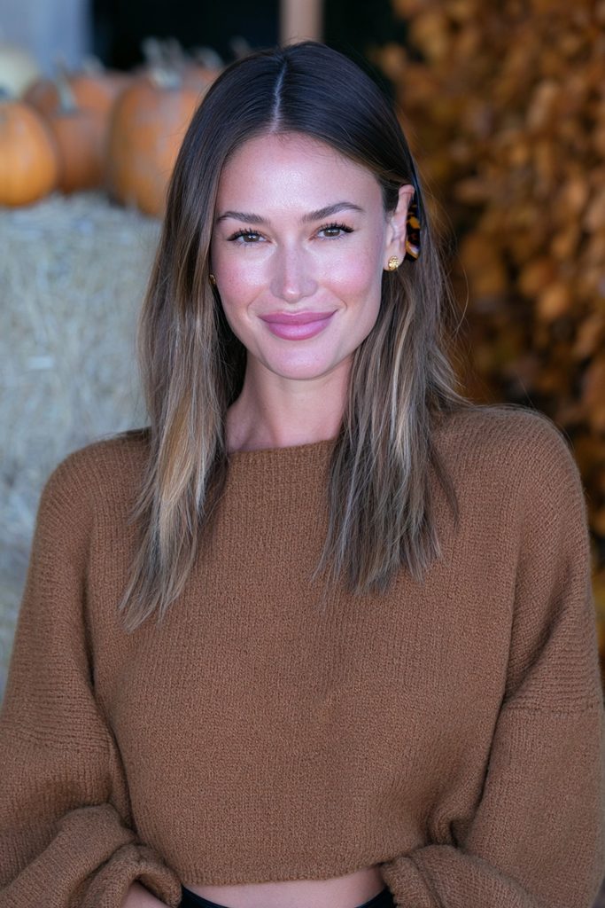 22 Easy Pumpkin Patch Hairstyles That Feel Cozy 11 Sleek middle part tortoiseshell barrette