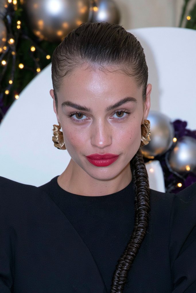 Slicked-back side braid wet-look hairstyle