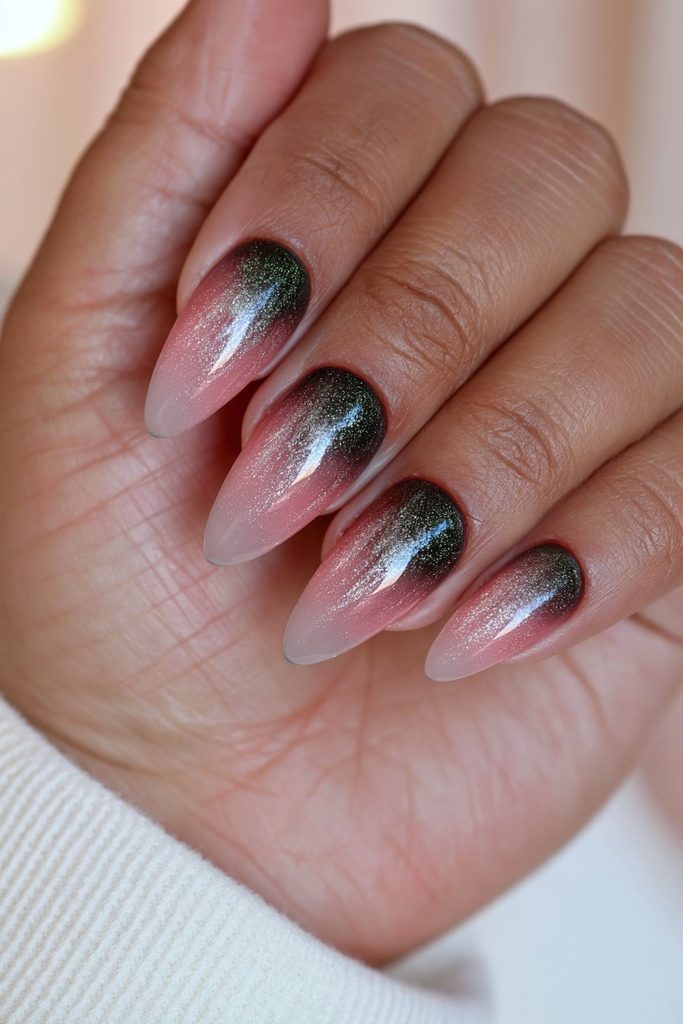 Soft black aura cat-eye nails