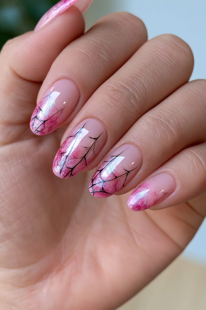 20 Spider Web Nail Ideas for a Spooky-Chic Halloween 9 Sheer pink spider gel web nails