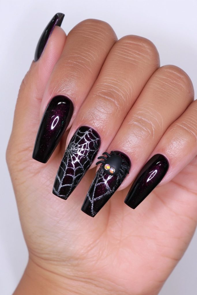 20 Spider Web Nail Ideas for a Spooky-Chic Halloween 15 3D spider charm web nails