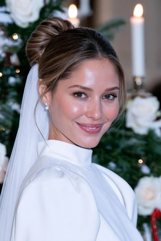 20 Christmas Wedding Hairstyles for Long Hair 20 Textured French twist with bridal veil