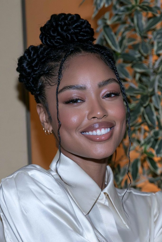 Elegant twisted updo with braiding hair