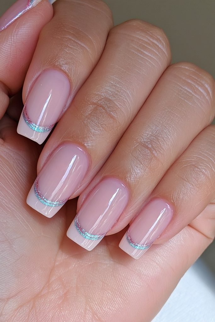 Vanilla cream silver hairline tip nails