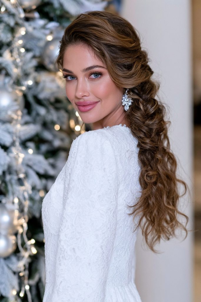 Waterfall braid curled Christmas long hair