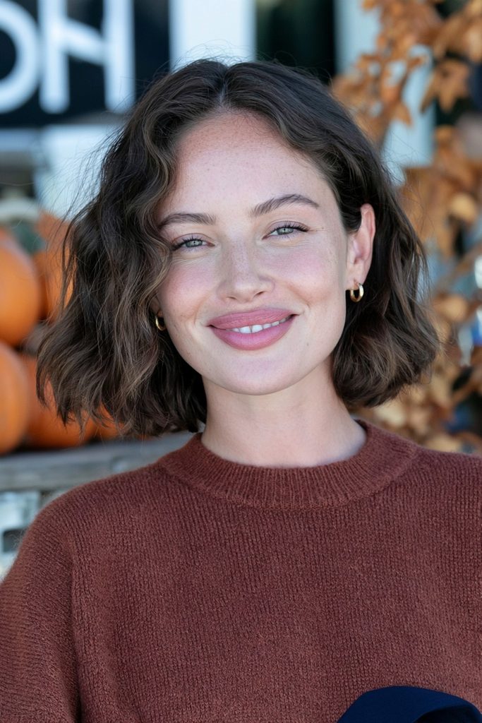 22 Easy Pumpkin Patch Hairstyles That Feel Cozy 21 Wavy lob tucked behind ears