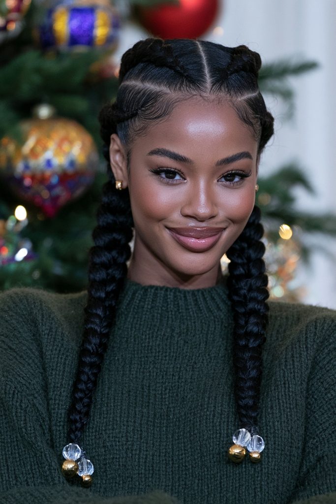 Zigzag part braids with beads
